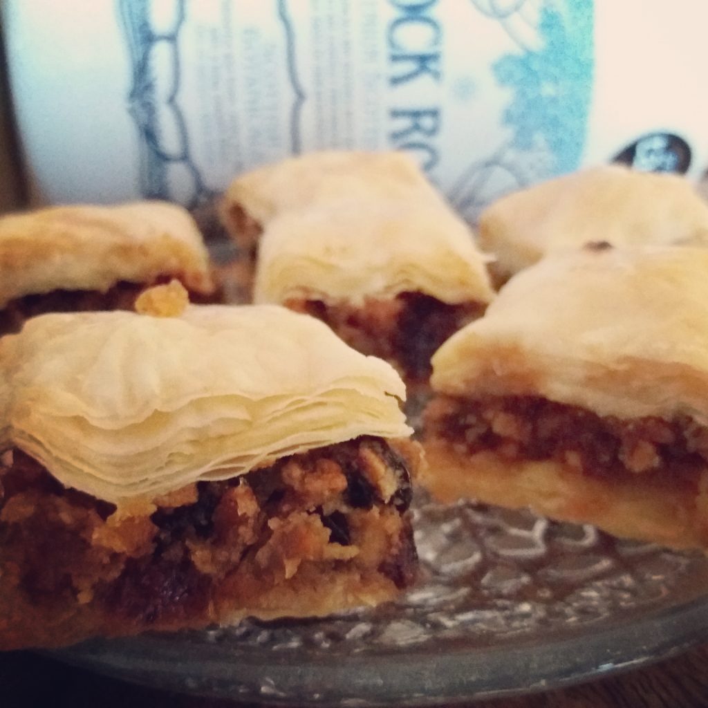 Rock Rose Gin Mincemeat Baklava slices on a glass plate