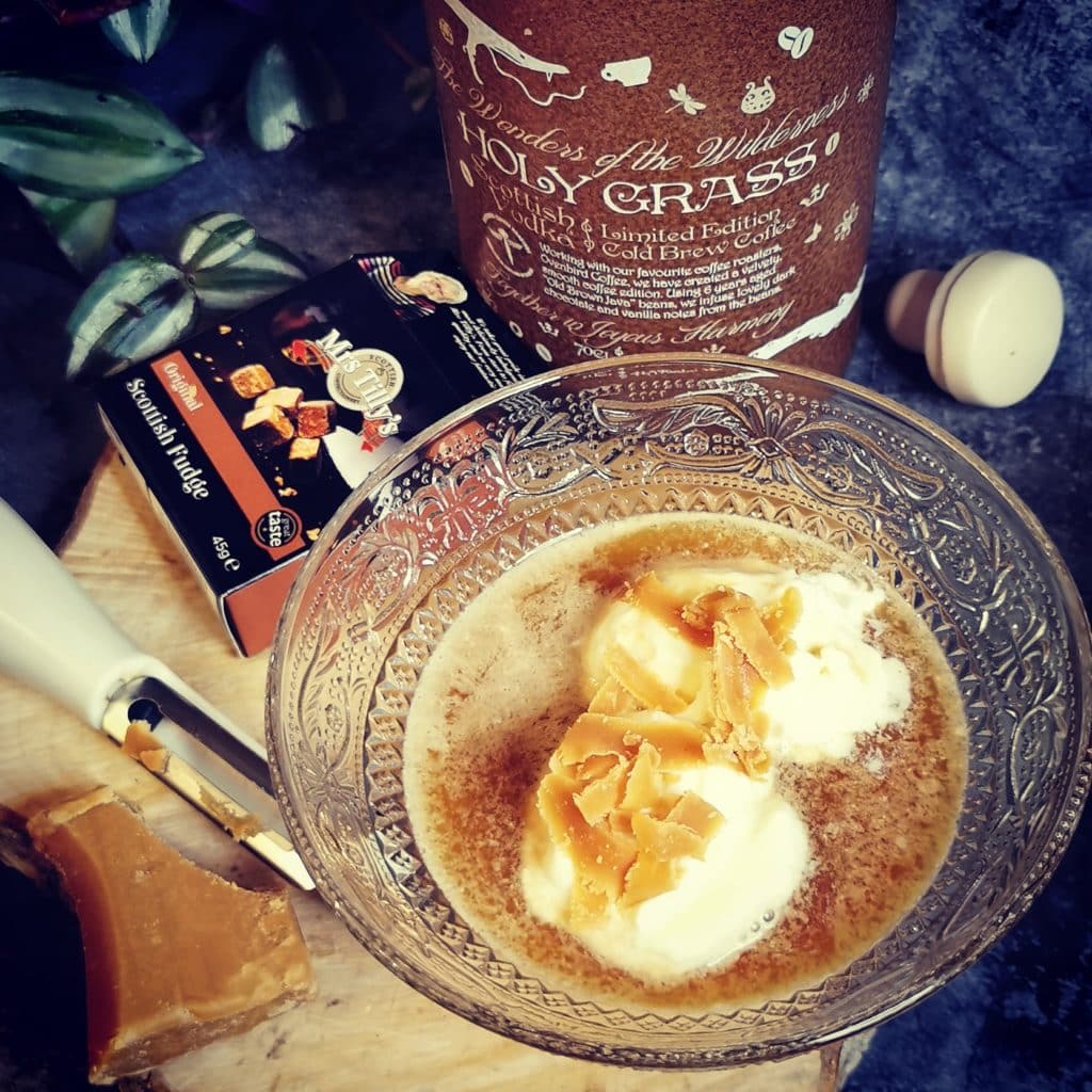 Bottle of Holy Grass Vodka Cold Coffee Brew and Holy Grass Affogato served in a bowl and topped with Scottish toffee